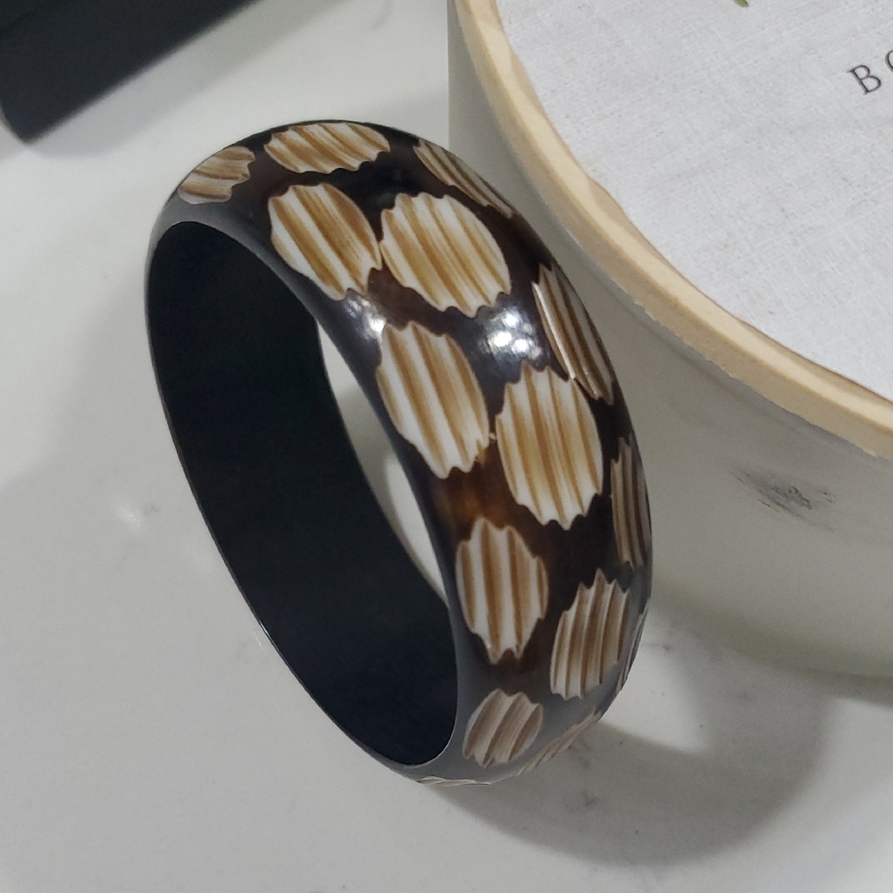 Brown and Cream Patterned Wood Bangle Bracelet